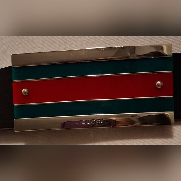 EUC Gucci Stripe Black Leather & Gold Tone Unisex Casual Everyday Prep Belt 39in - Picture 2 of 7